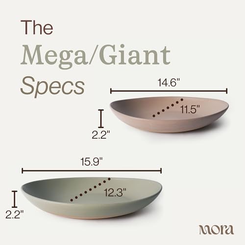 MORA Mega and Giant Serving Dishes Set of 2, 16 inch and 14 inch Ceramic Pottery Oval Platters - Microwave, Oven and Dishwasher Safe - Thyme & Mushroom - Image 2