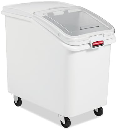 Rubbermaid Commercial Products ProSave Shelf-Storage Ingredient Bin With Scoop, 600-Cup capacity, Plastic, White, Sliding Lid, Container with Wheels for Kitchen/Restaurant Food Organization by RubbermaidCommercialProducts
