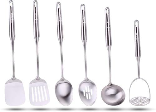 Millvado Stainless Steel Kitchen Utensil Set, Cooking Utensils, Set of 6 Kitchen Tools, Solid Spoon, Slotted Spoon, Solid Turner, Slotted Turner, Soup Ladle, Potato Masher, Dishwasher Safe by Millvado