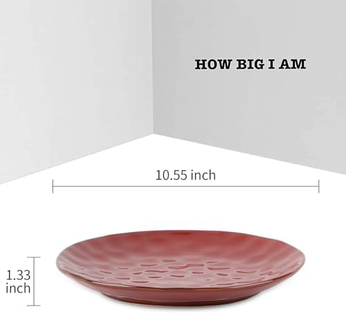 vicrays Ceramic Dinner Plates Set, 10.5 Inch, Set of 6, Round, Microwave, Oven, Dishwasher Safe, Porcelain Fluted Suitable for Steak, Pasta, Pizza, Home, Party, Restaurant (Cherry Red) - Image 2