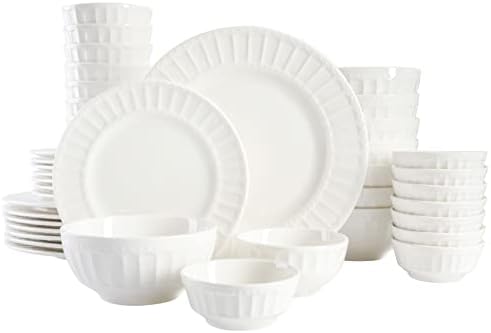 Gibson Home Zen Buffet Porcelain Ceramic Dinnerware Sets for 8, Plates and Bowls Set (40pcs), White Embossed Dishes by GibsonHomewares
