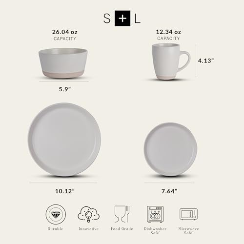 Stone Lain Jules Stoneware 16-Piece Dinnerware Set, Plates and Bowls, Service for 4, Off White, Microwave & Dishwasher Safe - Image 2