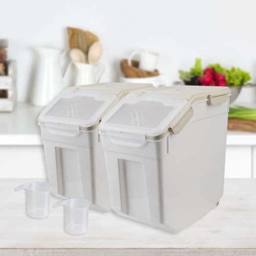 25LB Large Flour Storage Container Bin,4 Pack Airtight Plastic with Wheels Seal Locking Lid Dispenser Organizer Storage Bin with Measuring Cup & Scoop for Flour, Rice, Grain 100LBS Total，Grey - Image 7