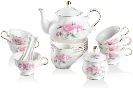 Sweejar Porcelain Tea Set Vintage Floral, British Relief Gold Rim Teapot Cup and Saucer Sets, 22-Piece Tea Sets for Adults, with Teapot, Sugar Bowl, Milk Jug, Spoons, Cup and Saucer (Pink Flower) by Sweejarco1949