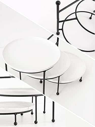 Kanwone 3 Tiered Serving Stand with White Porcelain Plates, Tiered Tray Stand, Dessert Table Display Set, 8" x 8" Tier Serving Trays with Black Metal Stand for Entertaining, 3 Tier Dessert Stand - Image 3