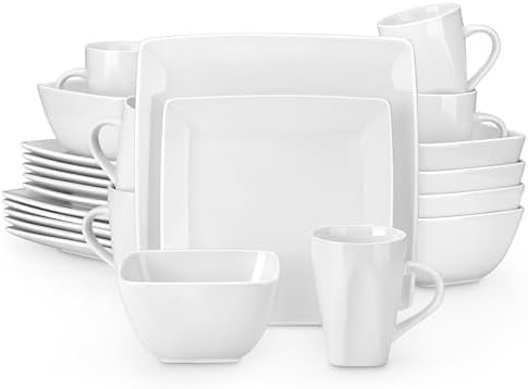 vancasso Soho Dinnerware Sets 24 Pieces, White Stoneware Square Place Setting, Dinner Plate, Dessert Plate, Cups and Plates Sets for Kitchen, Dish Set for 6, White by vancasso