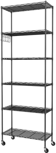 Homdox 6-Tier Storage Shelf Wire Shelving Unit Free Standing Rack Organization with Caster Wheels, Stainless Side Hooks, Black by HOMDOX