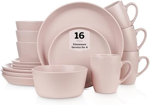 Stone Lain Albie Stoneware 16-Piece Modern Dinnerware Set, Kitchen Plates and Bowls Sets, Service for 4, Pink, Microwave & Dishwasher Safe by Unknown