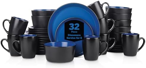 Stone Lain Albie Stoneware 32-Piece Modern Dinnerware Set, Kitchen Plates and Bowls Sets, Service for 8, Blue and Black, Microwave & Dishwasher Safe by Unknown