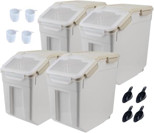 25LB Large Flour Storage Container Bin,4 Pack Airtight Plastic with Wheels Seal Locking Lid Dispenser Organizer Storage Bin with Measuring Cup & Scoop for Flour, Rice, Grain 100LBS Total，Grey by YXQ