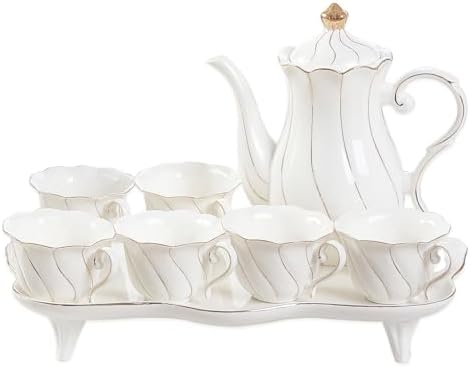 DUJUST 14 pcs Tea Set for 6 with Tea Tray & Spoons, Luxury British Style Coffee Cup Set with Golden Trim, Beautiful Porcelain Set for Living Room Decor, Tea Party Set, Gift Package - White by DUJUST
