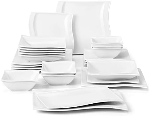 MALACASA Plates and Bowls Sets, 26 Pieces Ivory White Porcelain Dinnerware Sets without Mugs, Square Dinnerware with Dinner Plates, Bowls and Serving Platters, Modern Dish Set for 6, Series Flora by MALACASA