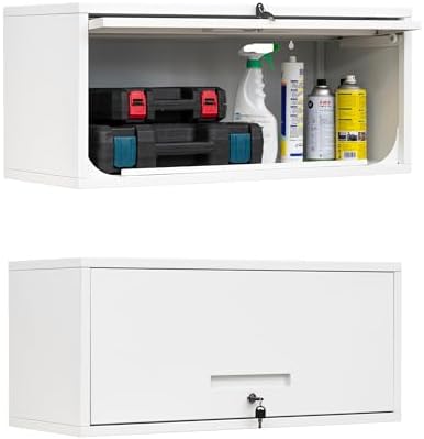 Yizosh Metal Wall Cabinet with Doors, Wall Mounted Storage Cabinet - Floating Tool Cabinet for Kitchen, Basement, Warehouse (White, 13.7" H) by Yizosh