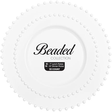 PLASTICPRO 128 Piece Combo Plastic Dinner Plates Disposable Plastic Fancy Heavy Duty Party Dishes 7 inch and 10 inch, White Beaded - Image 4