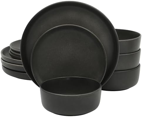 Gibson Elite Pasco 12 Piece (Service for 4) Plates and Bowls Reactive Glaze Dishes Stoneware Ceramic Dinnerware Set - Black by GibsonHomewares