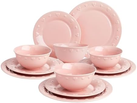 Paris Hilton 12-Piece Dinnerware Set, Embossed Hearts. Iconic Ceramic Stoneware Service for 4 with Dinner Plates, Salad Plates, and Bowls, Microwave & Dishwasher Safe, Pink by TheWorldofParisHilton
