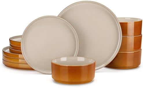 vancasso ONION Ceramic Plates and Bowls Sets, 12 Pieces Grey Dinnerware Sets for Kitchen, Reactive Glaze Dishes Set for 4, Dishwasher and Microwave Safe by vancasso