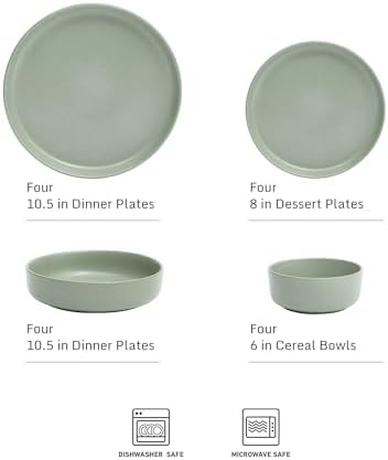 Gibson Elite Pasco 16 Piece (Service for 4) Plates and Bowls Double Bowl Reactive Glaze Dishes Stoneware Ceramic Dinnerware Set - Green - Image 2