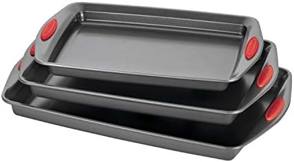 Rachael Ray Bakeware Nonstick Cookie Pan Set, 3-Piece, Gray with Red Grips by RachaelRayKitchenware
