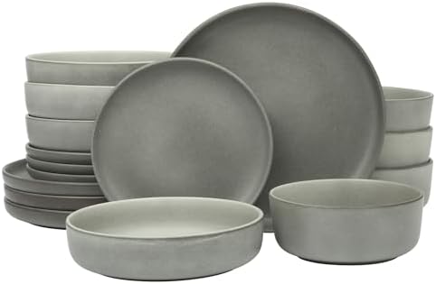 Gibson Elite Pasco 16 Piece (Service for 4) Plates and Bowls Double Bowl Reactive Glaze Dishes Stoneware Ceramic Dinnerware Set - Grey by GibsonHomewares
