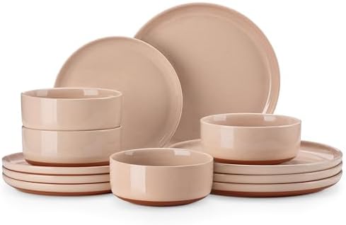 MALACASA Plates and Bowls Sets, 12 Pieces Modern Stoneware Dinnerware Set for 4 Kitchen Dinner Set Ceramic Dishware Dishes Set Microwave and Dishwasher Safe, Pink, Series TARA by MALACASA