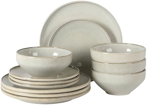 Gibson Elite White Sands Plates and Bowls Sets, 12-Piece Stoneware Dinnerware Sets, Reactive Glaze Dish Set - Moonstone White by GibsonHomewares