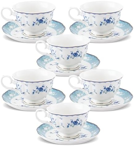 fanquare Blue Rose Porcelain Tea Cup and Saucer Set for 6 by fanquare