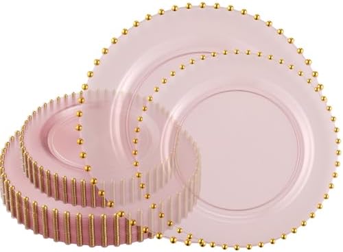 PLASTICPRO 64 Piece Combo Plastic Dinner Plates Disposable Plastic Fancy Heavy Duty Party Dishes 7 inch and 10 inch, Translucent Pink and Gold Beaded by PLASTICPRO