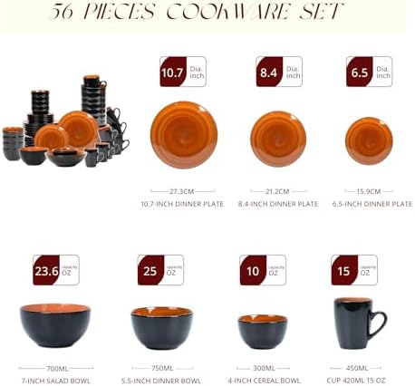 HomeVss, Stoneware Sonoma Dinnerware Set, Black + Speckled Spin Wash (56pc Set, Spice) - Image 2
