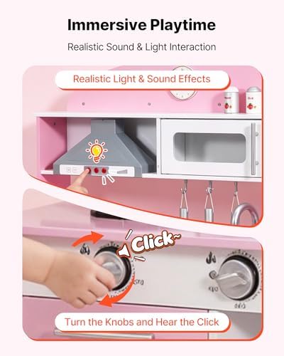 VEVOR Play Kitchen for Kids, Wooden, Kids Kitchen Playset with Real Lights & Sounds, Food & Cookware Accessories, Pretend Play Toy Set, Range Hood, Microwave, for Toddlers, Girls & Boys Ages 3-8, Pink - Image 5
