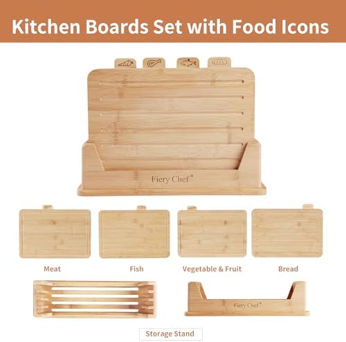 4 Piece Bamboo Cutting Boards Set with Food Icons & Stand, 12.6"L x 9"W - Image 4