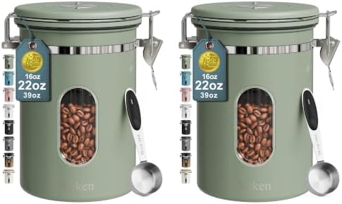 Veken Coffee Canister with Window, Airtight Stainless Steel Container,Date Tracker, Kitchen Food Storage Jars for Beans, Ground, Espresso, Rice,Tea, Sugar, Cereal, Gifts, Scoop,Green, 22OZ (Pack of 2) by Veken