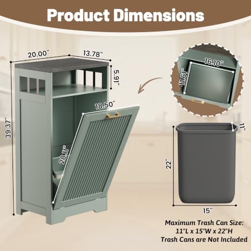 Pet-Proof Single 13 Gallon Tilt Out Trash Can Cabinet with Open Storage – Hide Garbage & Recycling Bins to Keep Your Kitchen Clean and Organized,Green - Image 3