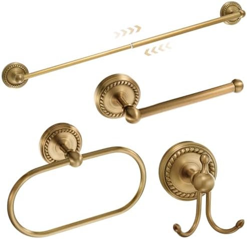 4 Pcs Antique Brass Gold Bathroom Accessories Set Wall-Mounted Towel Rack & Towel Ring & Toilet Paper Holder & Robe Hook, Wall Mounted Brass Vintage Bath Hardware Fixture Set(Style 1) by Otoolling