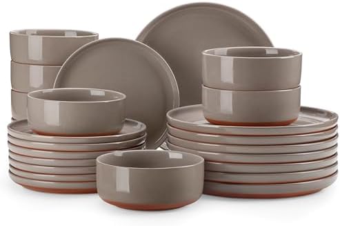 MALACASA Plates and Bowls Sets, 24 Pieces Modern Ceramic Dinnerware Set for 8 Kitchen Dinner Set Stoneware Dishware Dishes Set Microwave and Dishwasher Safe, Brown, Series TARA by MALACASA
