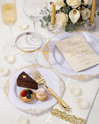 Morejoy 175PCS White and Gold Plastic Plates,Gold Plastic Dinnerware Sets - Image 3