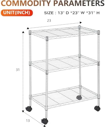 BestOffice | 3-Tier Wire Shelf with Wheels | 23" x 13" x 31" | Chrome - Image 3