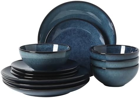 Gibson Elite Castle Peak Plates and Bowls Set, 12-Piece Dinnerware Set, Blue Reactive Glaze Stoneware Dishes, Dinner Plates, Salad Plates & Cereal Bowls by GibsonHomewares