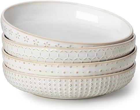MALACASA Pasta Bowls 48 Oz, 9.5 Inch Large Salad Bowls, Modern Relief Design Ceramic Serving Bowls, Wide and Shallow Plates Pasta Plates, Microwave & Dishwasher Safe, Set of 4, Series LYDIA by MALACASA