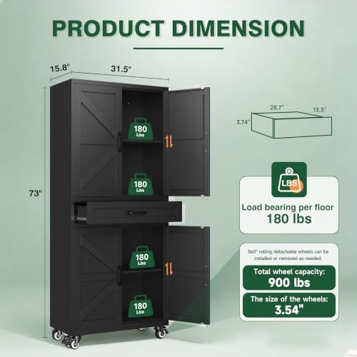 Letaya Metal Garage Storage Cabinet with Wheels,Kitchen Pantry with Drawer - Image 3