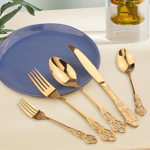 Retro Royal Gold Silverware Set With Gift Box, 60-Pieces Cutlery Set Utensils Stainless Steel Flatware For 12 MIKIWAY Kitchen Tableware Set For Gifts Festive, Dishwasher Safe, Mirror Polishing - Image 3