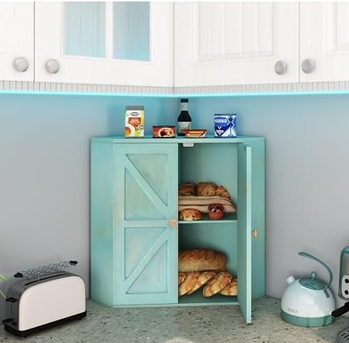 Trironsun Corner Bread Box for Kitchen Counter Double Layer Bamboo Bread Storage Container Large Capacity Bread Storage Bin Farmhouse Breadbox Organizer (Antique Blue) - Image 2