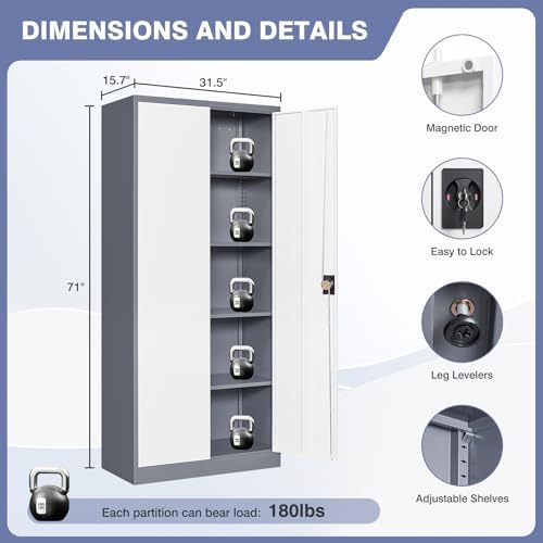 Metal Tool Storage Cabinet,Lockable File Cabinet with 2 Doors and 5 Adjustbale Shelves,Tall Cabinets for Garage Storage Systems for Home Office,Garage,Workshop - Image 3