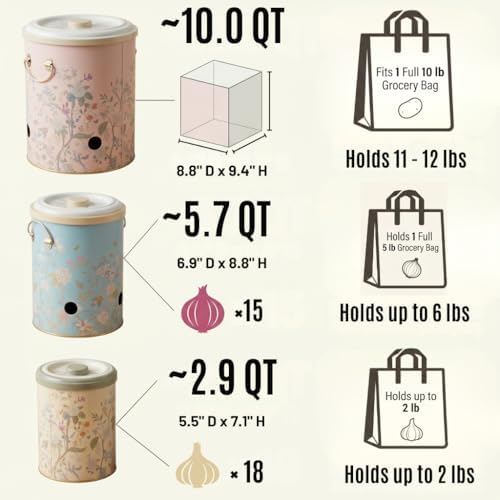 MARIA ROMA Metal Potato and Onion Storage Bin Set of 3 with Garlic Keeper - Vintage Metal Kitchen Canisters, Vegetable Storage Containers - Farmhouse Rustic Pantry Organization - Image 4