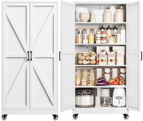 Yizosh 72"White Metal Dining Storage Cabinet,Wheeled Garage Storage Cabinet by Yizosh