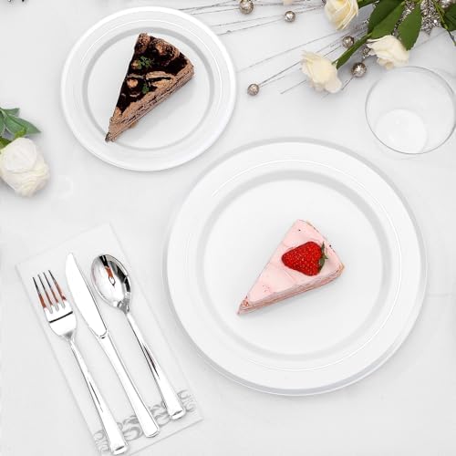 350-Piece Silver Rim Plastic Dinnerware Set for 50 Guests, Elegant Disposable Dinnerware for Party, Wedding, Includes Dinner Plates, Dessert Plates, Silverware, Napkins, Cups - Image 4