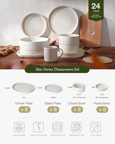 Famiware Star Stoneware Dinnerware Sets with Pasta Bowls, 24pc Dishes for 6 - Image 4