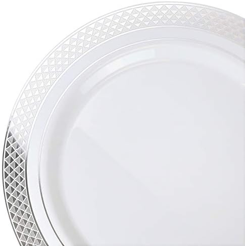 OCCASIONS 240 Plates Pack,(120 Guests) Heavyweight Premium Wedding Party Disposable Plastic Plates Set -120 x 10.5'' Dinner + 120 x 7.5'' Salad/Dessert (Celebration in White & Silver) - Image 4