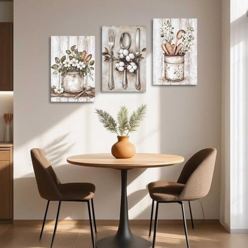 YMXDYMJSW Vintage Kitchen Wall Art 3 Piece Kitchenware Pictures Fork Knife Spoon Floral Canvas Print Farmhouse Floral Tableware Painting for Dining Room Home Decor (White, (16.00" x 24.00" x 3PCS)) - Image 3