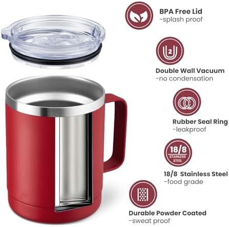 MEWAY 12oz Coffee Mug With Handle 4 Pack Bulk,Stainless Steel Insulated Travel Tumblers With Sliding Lid,Double Wall Vacuum Camping Cup for Hot & Cold Drinks Tea (Red,Set of 4) - Image 2